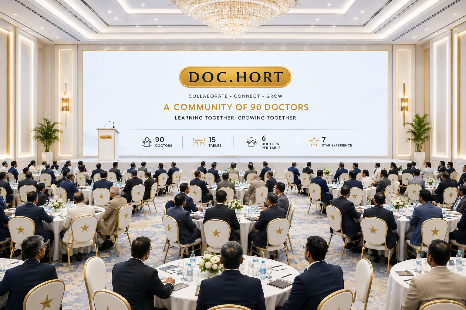 A DOCHORT cohort of 90 doctors seated across 15 round tables in a luxury hotel ballroom