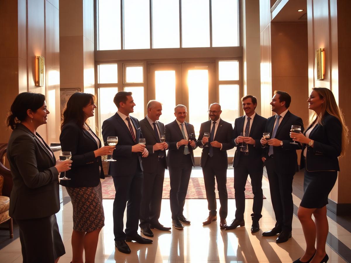 Professionals networking in an elegant hotel foyer