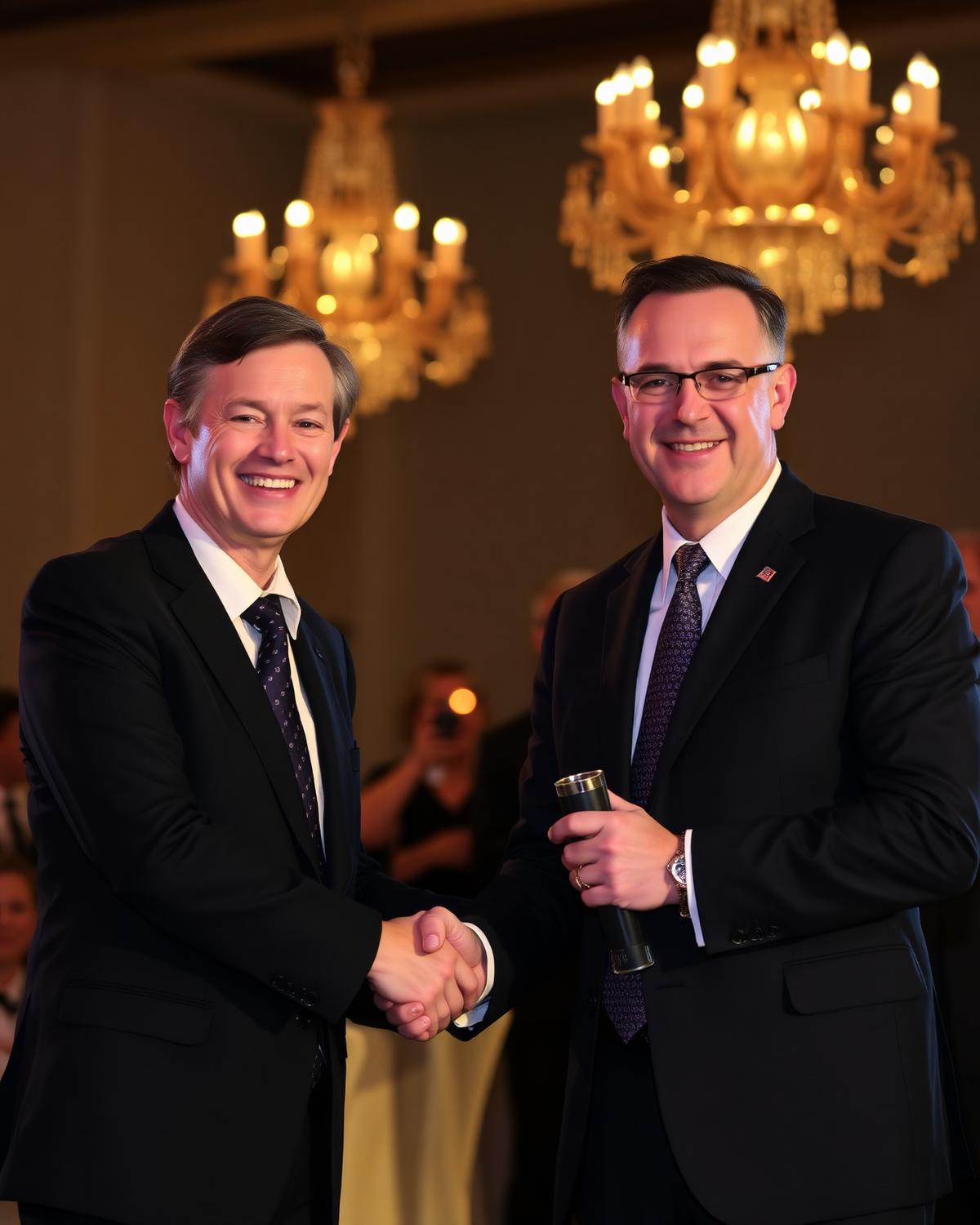 Two healthcare leaders shaking hands at an evening reception
