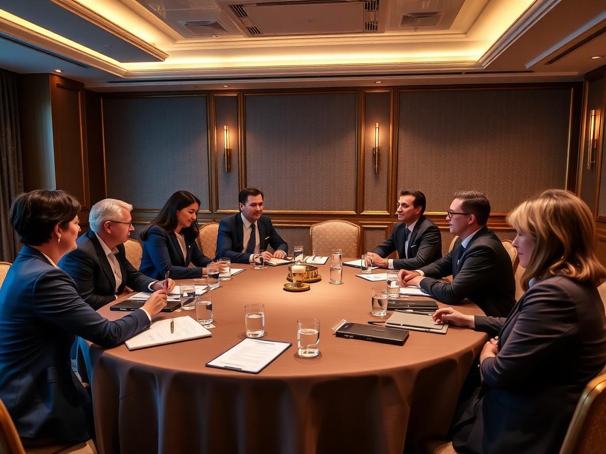 Doctors in a round-table discussion at a hotel conference room