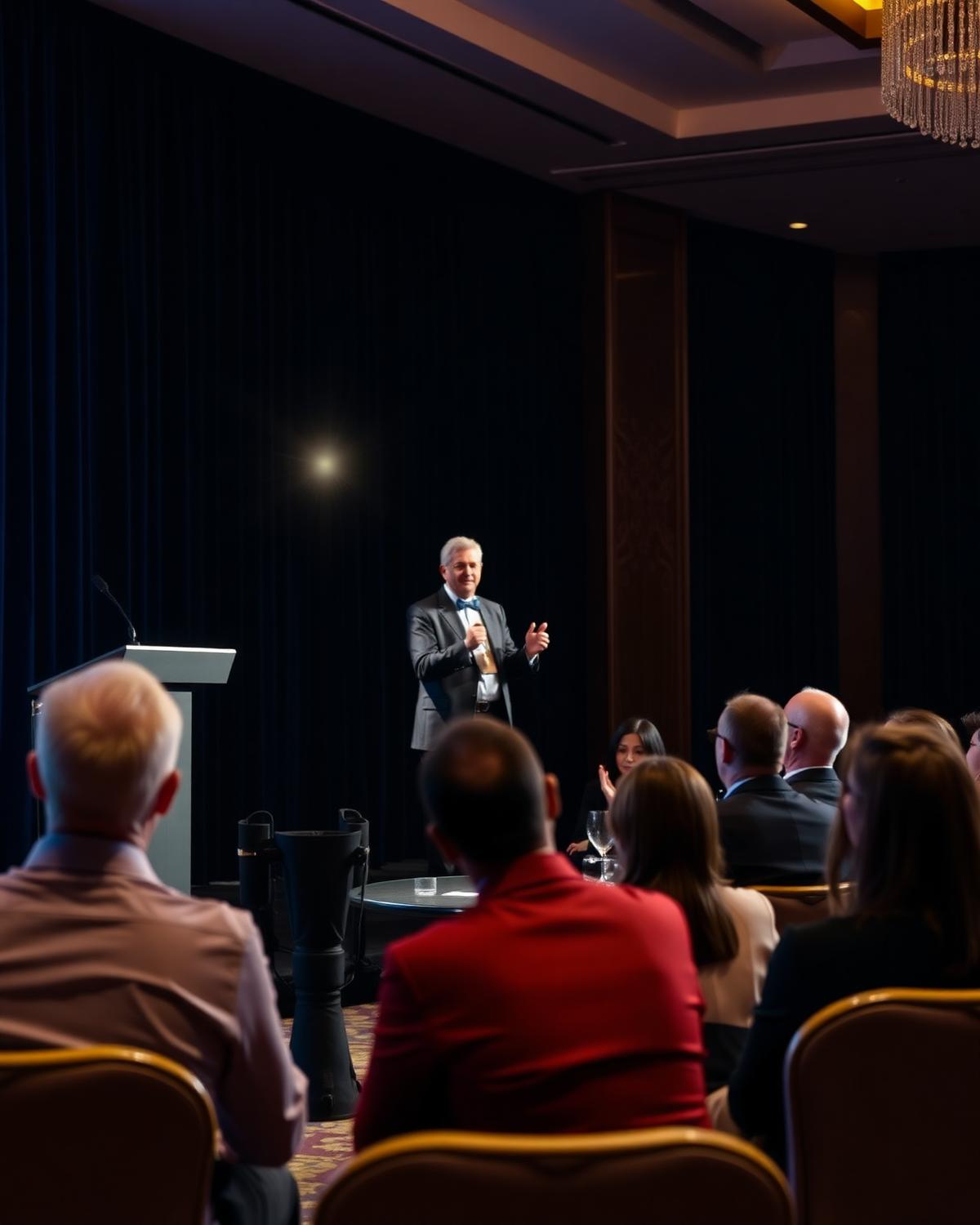 Guest speaker addressing members in a hotel ballroom