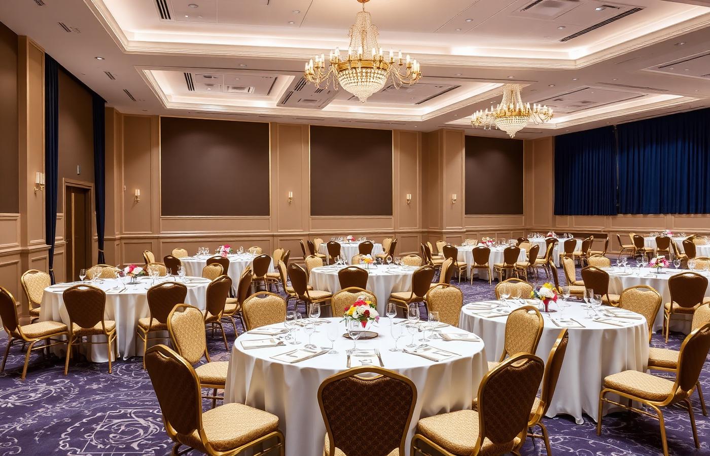 Luxury hotel ballroom prepared with round tables